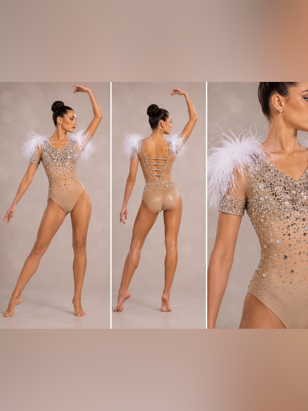 Glamour solo Crystal rhinestone feather dance costume nude tan SA-Small adult